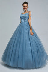 Ball Gown Spaghetti strap Square Neckline Beading Tulle Ankle Length Open Back Beautiful Prom Dress-Ballbella