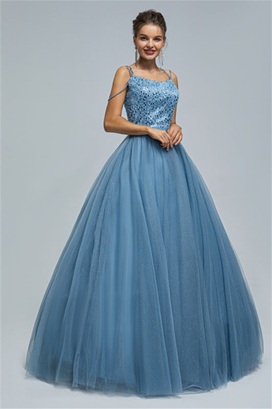 Ball Gown Spaghetti strap Square Neckline Beading Tulle Ankle Length Open Back Beautiful Prom Dress-Ballbella