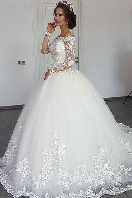 Ball Gown Strapless Portrait Floor Length Tulle Crochet Flower Wedding Dress-Ballbella