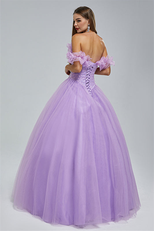 Ball Gown Strapless Tulle Sequined Beaded Floor-length Sleeveless Open Back Prom Dress-Ballbella