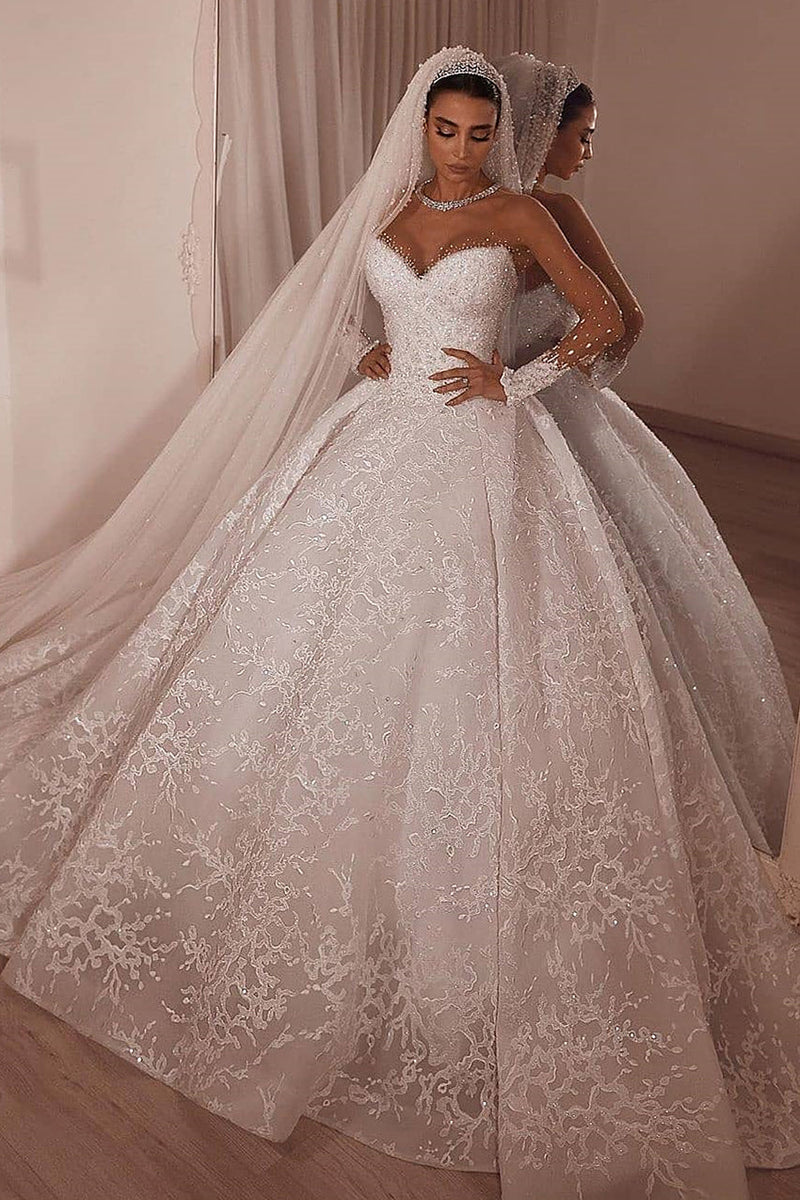 Ball Gown Sweetheart Sweep Train Organza Applique Paillette Wedding Dress-Ballbella