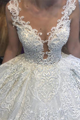 Ball Gown V-neck Wide Strap Floor Length Tulle Applique Lace Wedding Dress-Ballbella