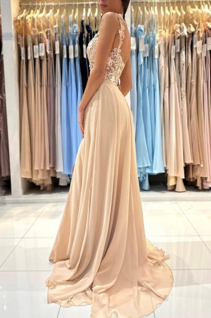 Ballbella Chic Lace Sleeveless Prom Dress With Slit Long Champagne-Ballbella