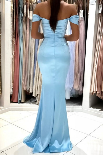 Ballbella Chic Long Sky Blue Sleeveless Prom Dress With Slit Off-the-shoulder Mermaid-Ballbella