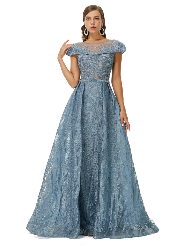 Ballbella Design | Sparkle Beaded Cap Sleeves Prom Dresses with Overskirt-Ballbella