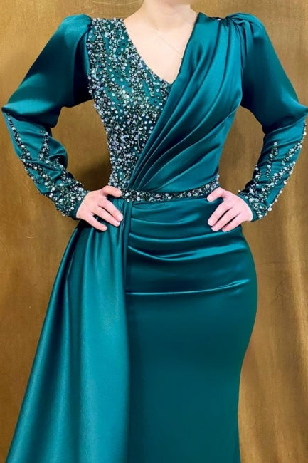 Ballbella Modern Beading Mermaid Prom Dress With Long Sleeves Long Green V-neck-Ballbella