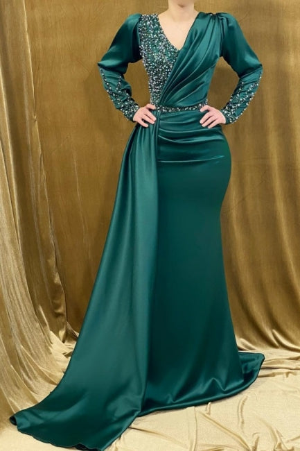 Ballbella Modern Beading Mermaid Prom Dress With Long Sleeves Long Green V-neck-Ballbella