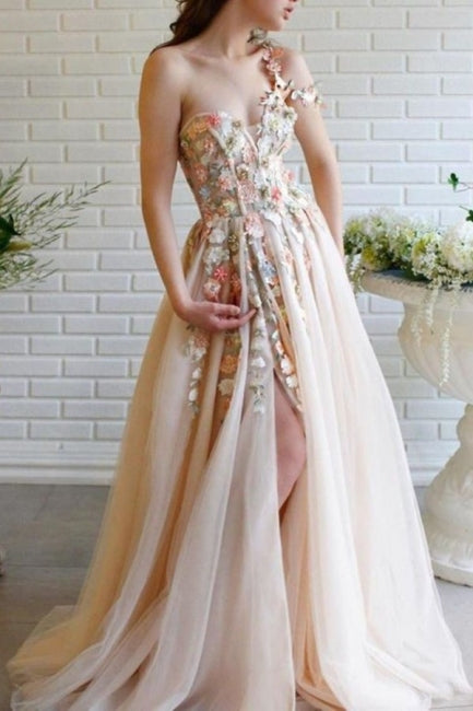 Ballbella Modern One Shoulder Flowers Prom Dress With Slit Long-Ballbella