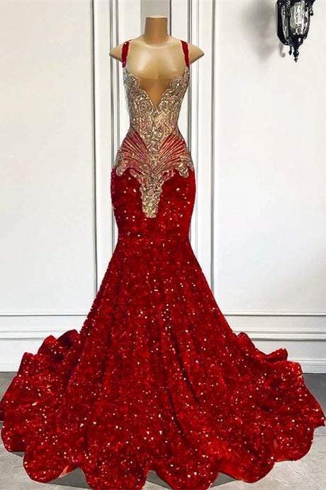 Ballbella Red Sequins Mermaid Prom Dress Sleeveless With Crystal-Ballbella