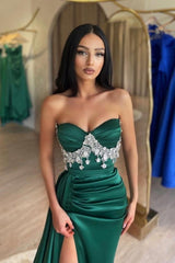 Ballbella Slit Front Dark Green Stain Sweetheart Sleeveless Evening Dress with Beadings-Ballbella