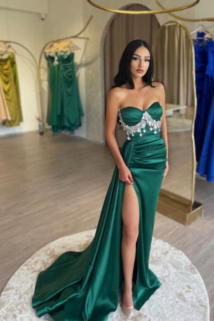 Ballbella Slit Front Dark Green Stain Sweetheart Sleeveless Evening Dress with Beadings-Ballbella