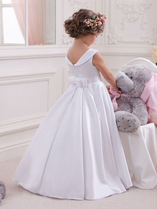 Bateau Neck Satin Fabric Sleeveless Floor Length A-Line Bows Kids Social Party Dresses-Ballbella