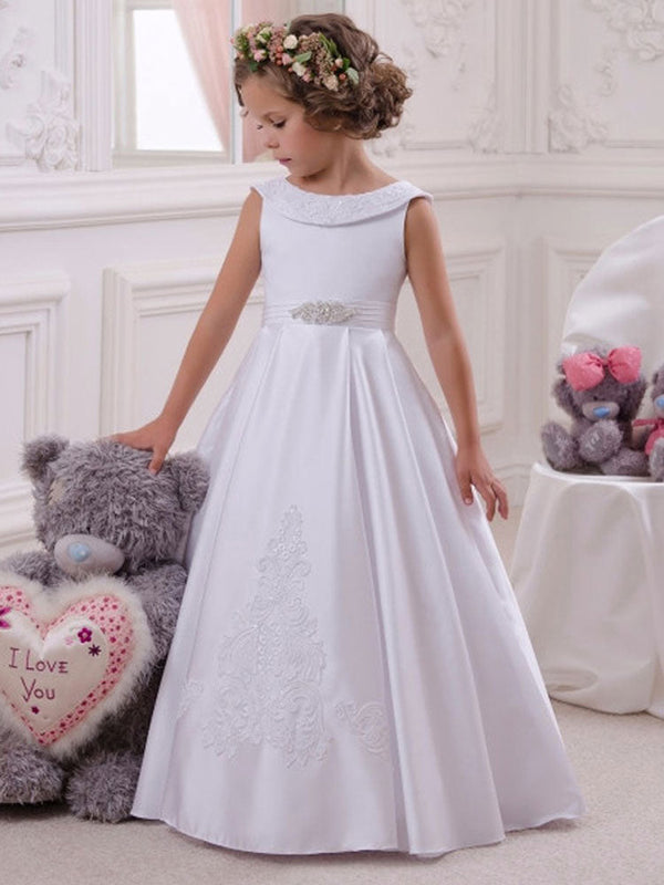 Bateau Neck Satin Fabric Sleeveless Floor Length A-Line Bows Kids Social Party Dresses-Ballbella