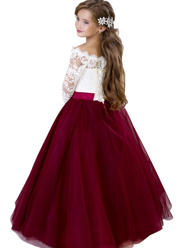 Bateau Neck Tulle Floor Length Princess Sash Kids Party Dresses-Ballbella