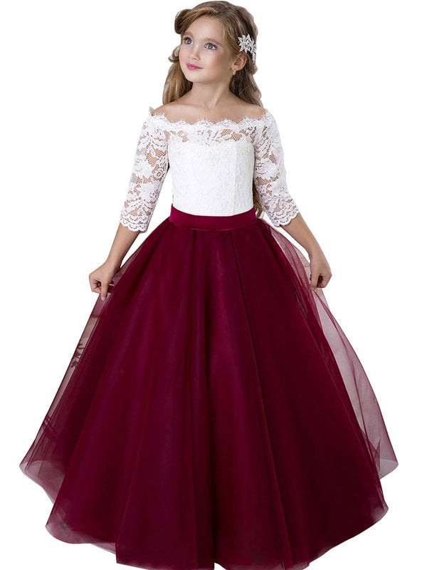 Bateau Neck Tulle Floor Length Princess Sash Kids Party Dresses-Ballbella