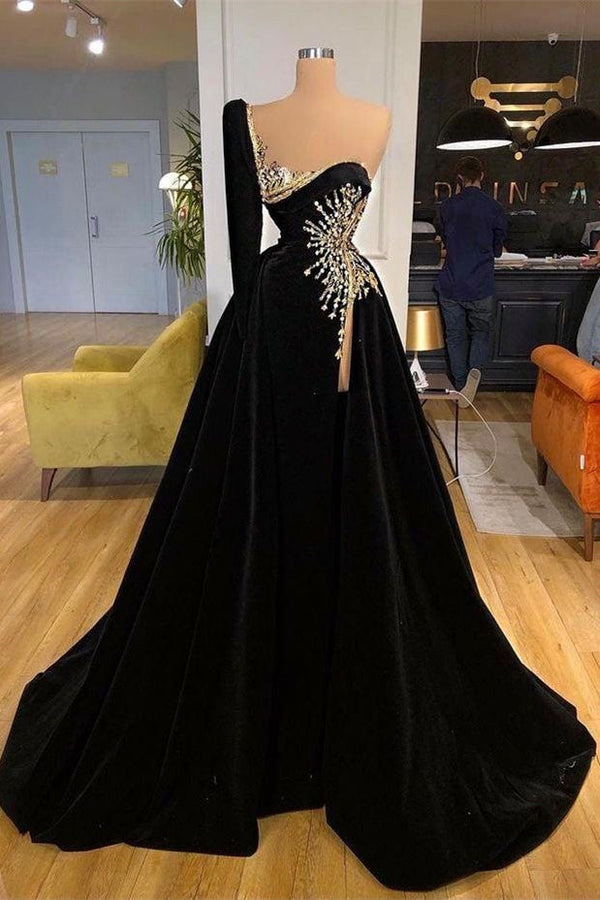 Beading Sweetheart A-line Black Prom Dress With One Sleeve-Ballbella