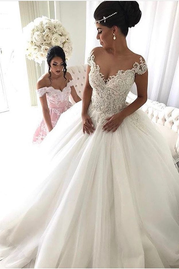 Beads Lace Royal Wedding Dresses Princess Ball Gown Sheer Tulle Modern Bridal Gowns-Ballbella