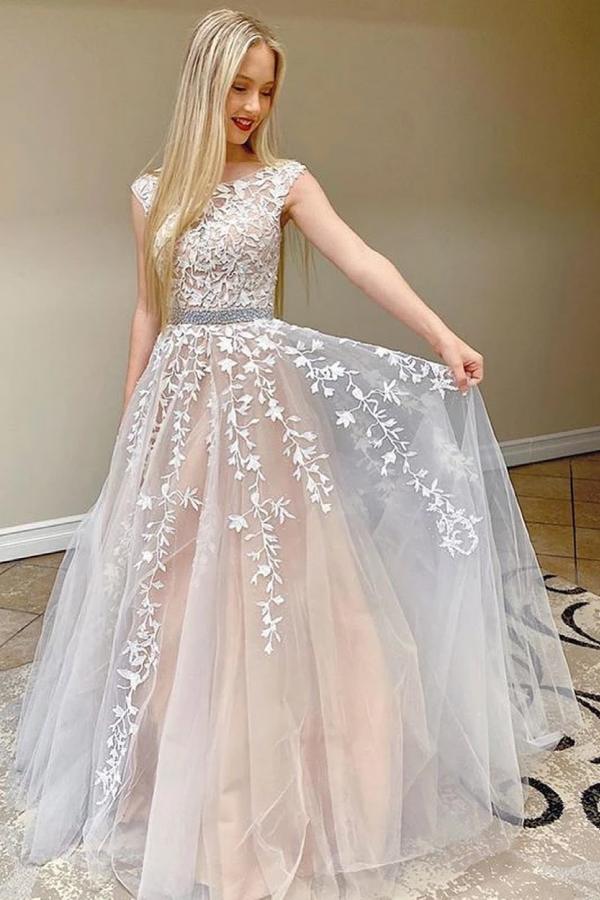 Beautiful Cap Sleeve Lace Prom Dress Long Tulle Evening Party Gowns-Ballbella