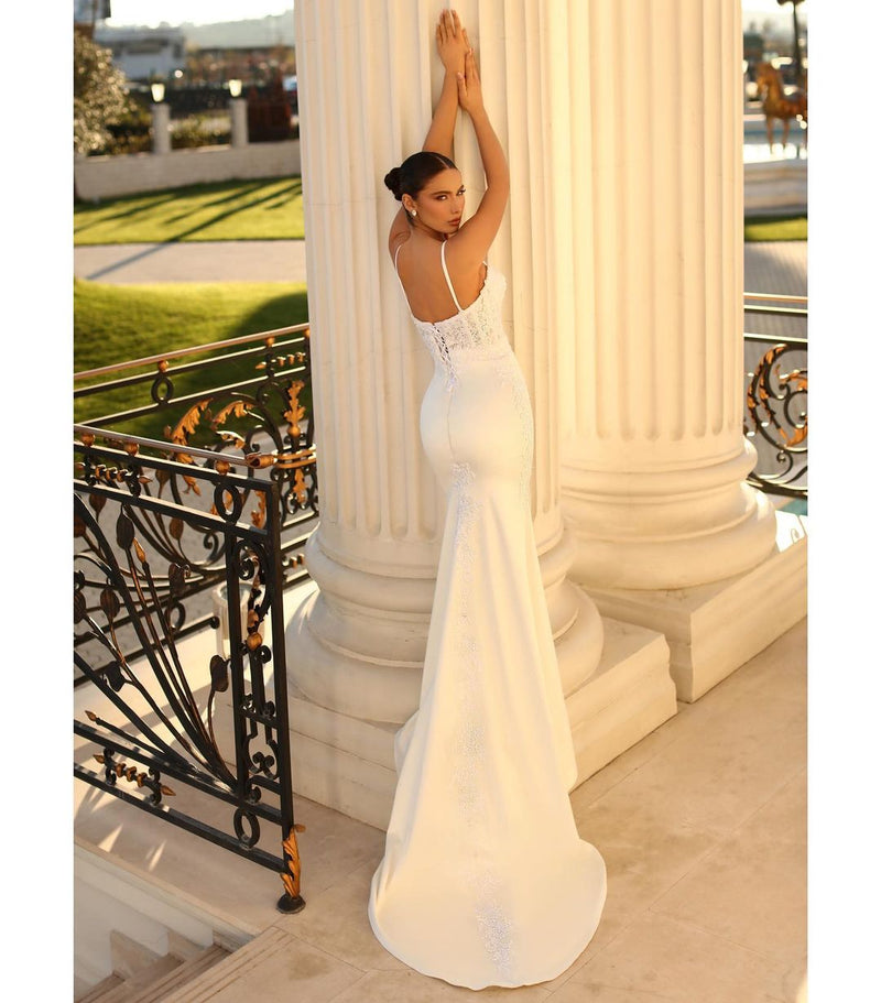 Fabulous Long Ivory Mermaid Spaghetti Straps Lace Satin Laced-up Wedding Dress-Ballbella