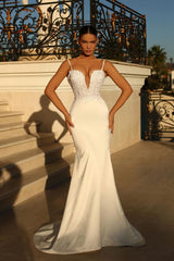 Fabulous Long Ivory Mermaid Spaghetti Straps Lace Satin Laced-up Wedding Dress-Ballbella