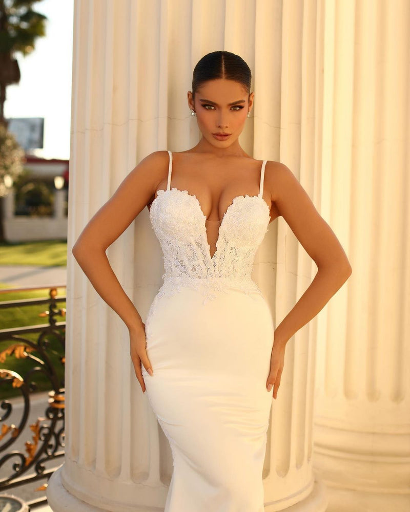 Fabulous Long Ivory Mermaid Spaghetti Straps Lace Satin Laced-up Wedding Dress-Ballbella