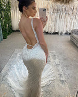 Fabulous Long Mermaid V-neck Beading Sleeveless Backless Wedding Dress With Lace-Ballbella