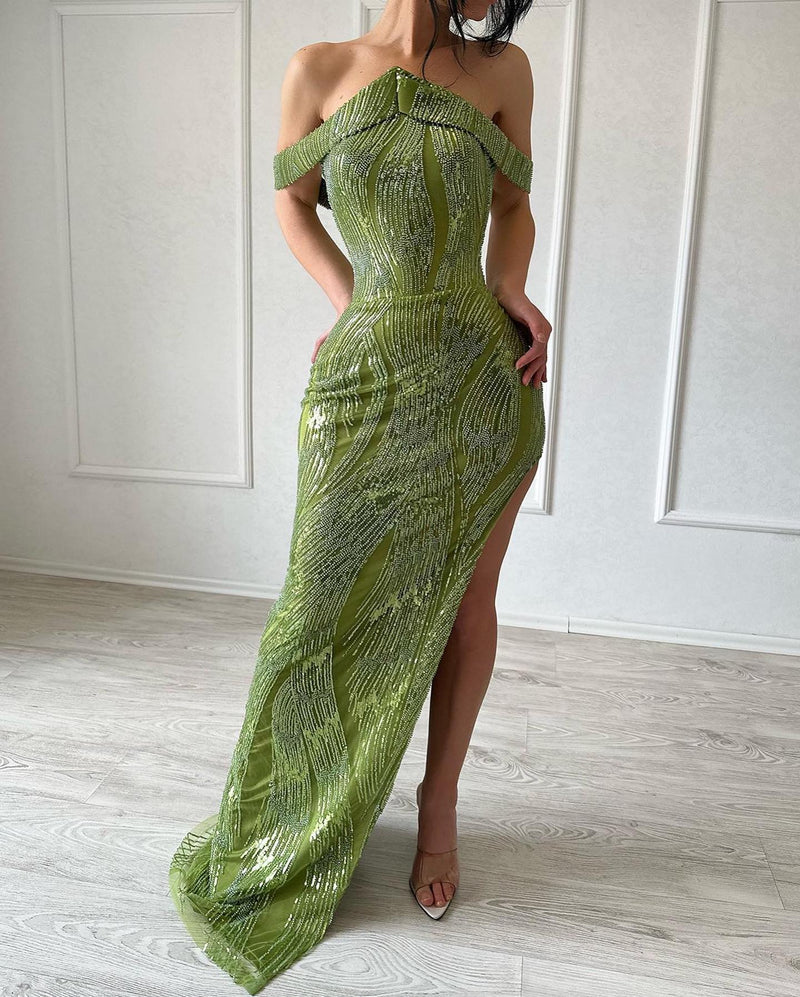 Beautiful Mermaid Sleeveless Satin Sequined Split limegreen Prom Dress