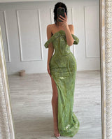 Beautiful Mermaid Sleeveless Satin Sequined Split limegreen Prom Dress