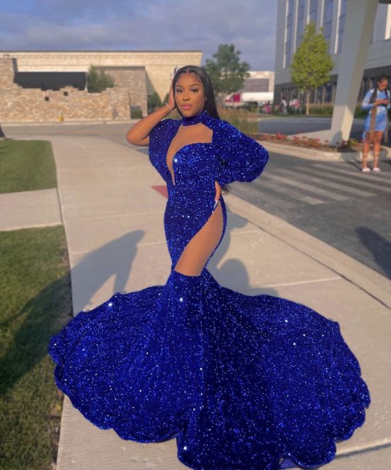 Beautiful Royal Blue High-neck Long Sleeve Lace Long Mermaid Prom Dress-Ballbella