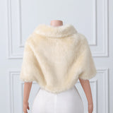 Beige Mid-length Butterfly Sleeve Faux Fur Coat with Lapel Collar-Ballbella