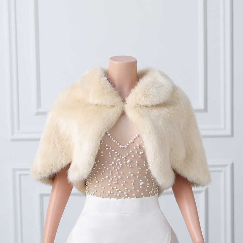 Beige Mid-length Butterfly Sleeve Faux Fur Coat with Lapel Collar-Ballbella