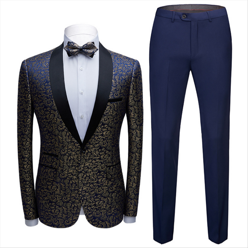 Bespoke Black Satin Shawl Lapel Wedding Tuxedos Gold Jacquard Blue Men Suits for Prom-Ballbella