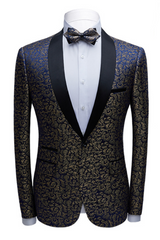 Bespoke Black Satin Shawl Lapel Wedding Tuxedos Gold Jacquard Blue Men Suits for Prom-Ballbella