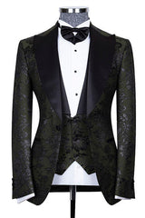 Bespoke Black Three Pieces Jacquard Peaked Lapel Wedding Groom Suits-Ballbella