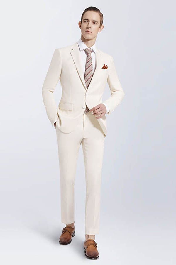 Looking for the Pricey Bespoke Cream Slim Fit Marriage Suits, Notch Lapel Casual Leisure Suits for Men online Find your Notched Lapel Single Breasted Two-piece Cream mens suits for prom, wedding and business at Ballbella.