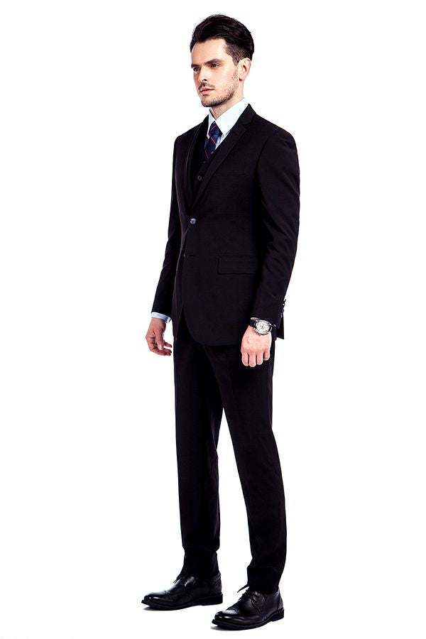 Looking for the Pricey Bespoke Solid Black Three Piece Suits for Men online Find your Notched Lapel Single Breasted Three-piece Black mens suits for prom, wedding and business at Ballbella.