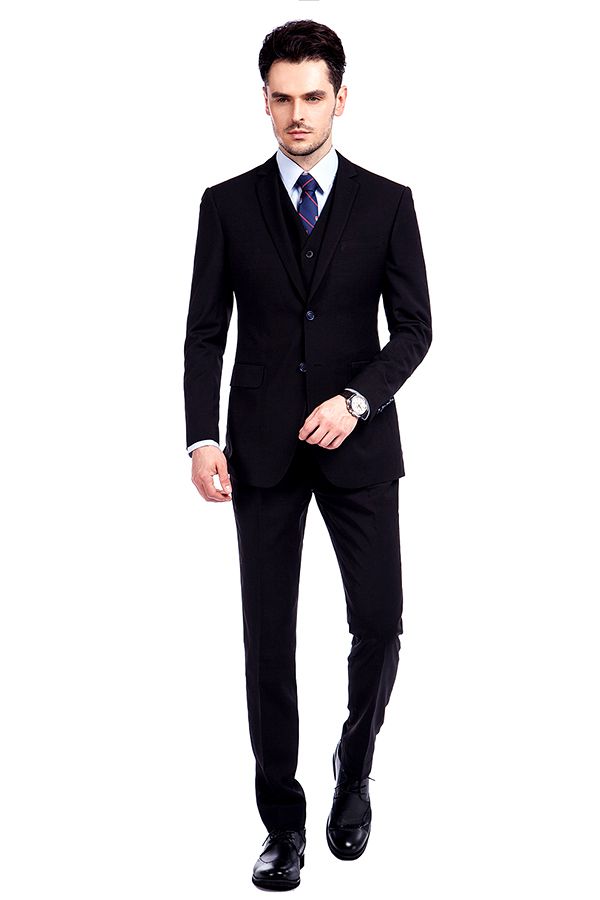 Looking for the Pricey Bespoke Solid Black Three Piece Suits for Men online Find your Notched Lapel Single Breasted Three-piece Black mens suits for prom, wedding and business at Ballbella.