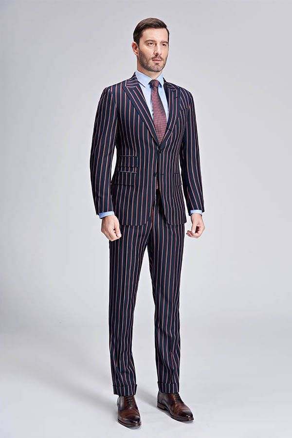 This Bespoke Stripes Dark Navy Mens Suits, Peak Lapel Three Flap Pockets Suits for Men at Ballbella comes in all sizes for prom, wedding and business. Shop an amazing selection of Peaked Lapel Single Breasted Dark Navy mens suits in cheap price.