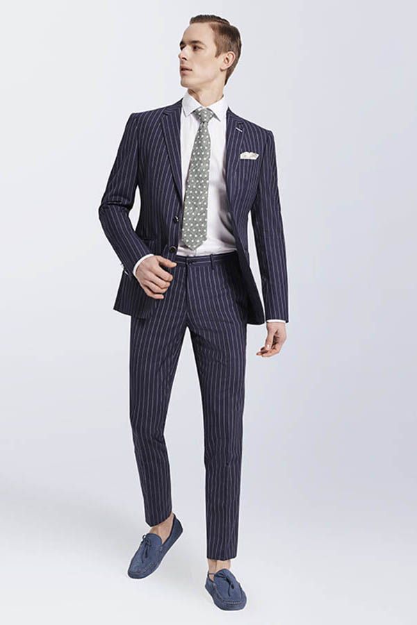 Looking for the Pricey Bespoke Stripes Navy Marriage Suits, Narrow Notch Lapel Leisure Suits for Men online Find your Notched Lapel Single Breasted Two-piece Dark Navy mens suits for prom, wedding and business at Ballbella.