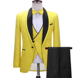 Bespoke Yellow One Button Three-piece Wedding Suit with Black Lapel-Ballbella