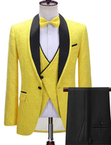 Bespoke Yellow One Button Three-piece Wedding Suit with Black Lapel-Ballbella