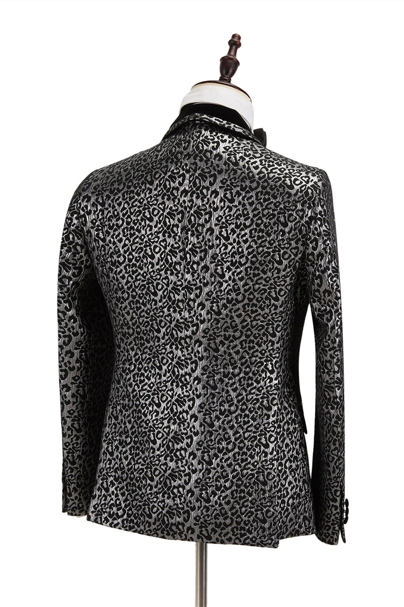 Black Classy Silver Leopard Jacquard Men's Suit Shawl Lapel Double Breasted Wedding Suit for Formal-Ballbella