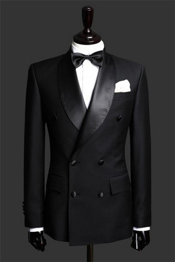 Black Double Breast Wedding Suits Tuxedos Satin Lapel Two-pieces(Jacket pants) for wedding/prom-Ballbella