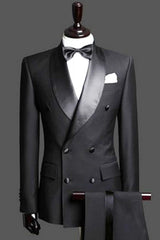 Black Double Breast Wedding Suits Tuxedos Satin Lapel Two-pieces(Jacket pants) for wedding/prom-Ballbella