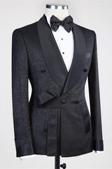 Ballbella is your ultimate source for Black Double Breasted Shawl Lapel Jacuqard Wedding Suit. Our Black Shawl Lapel wedding groomsmen suits come in Bespoke styles &amp; colors with high quality and free shipping.