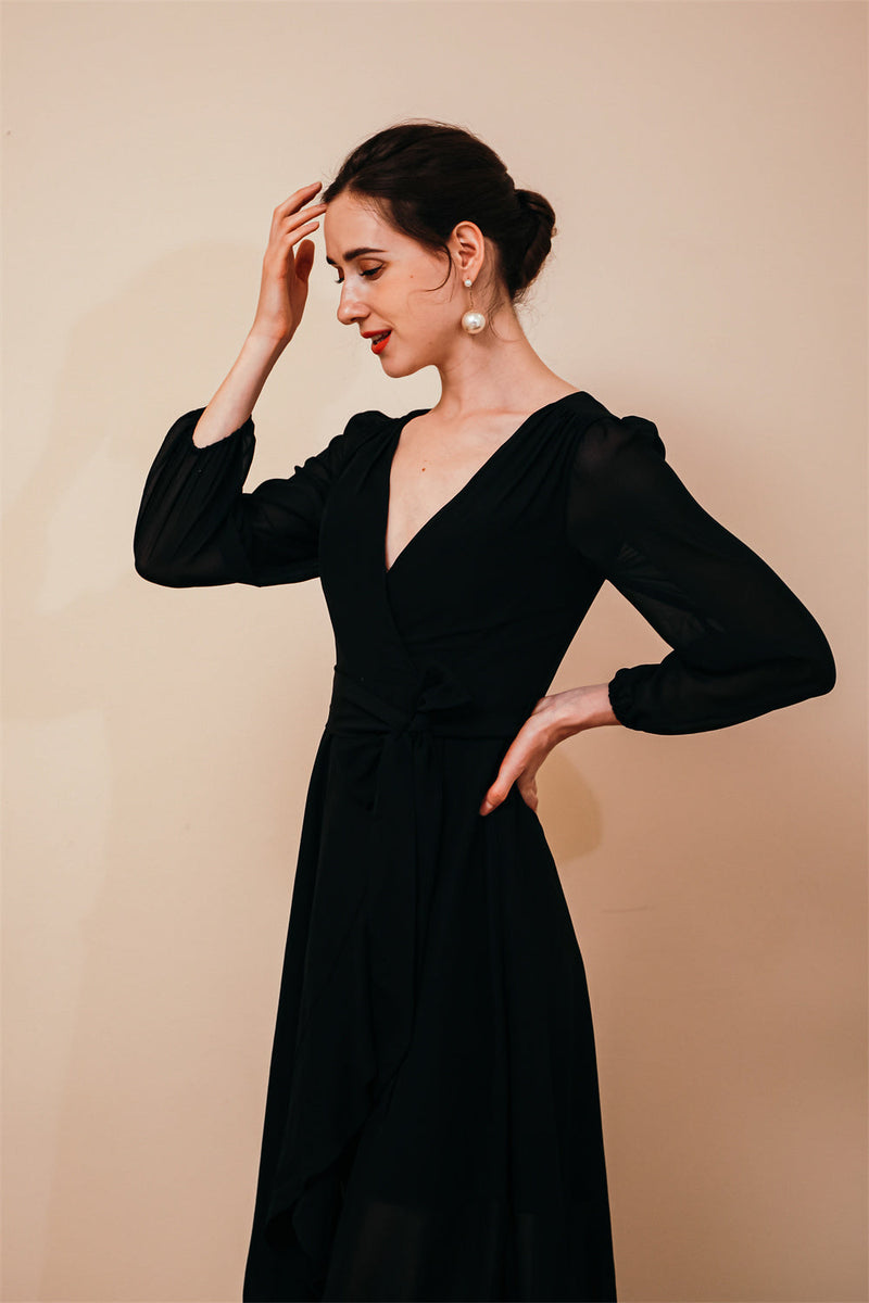 Black Long sleeves High low Chiffon Evening Dress-Ballbella