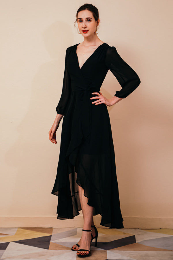 Black Long sleeves High low Chiffon Evening Dress-Ballbella