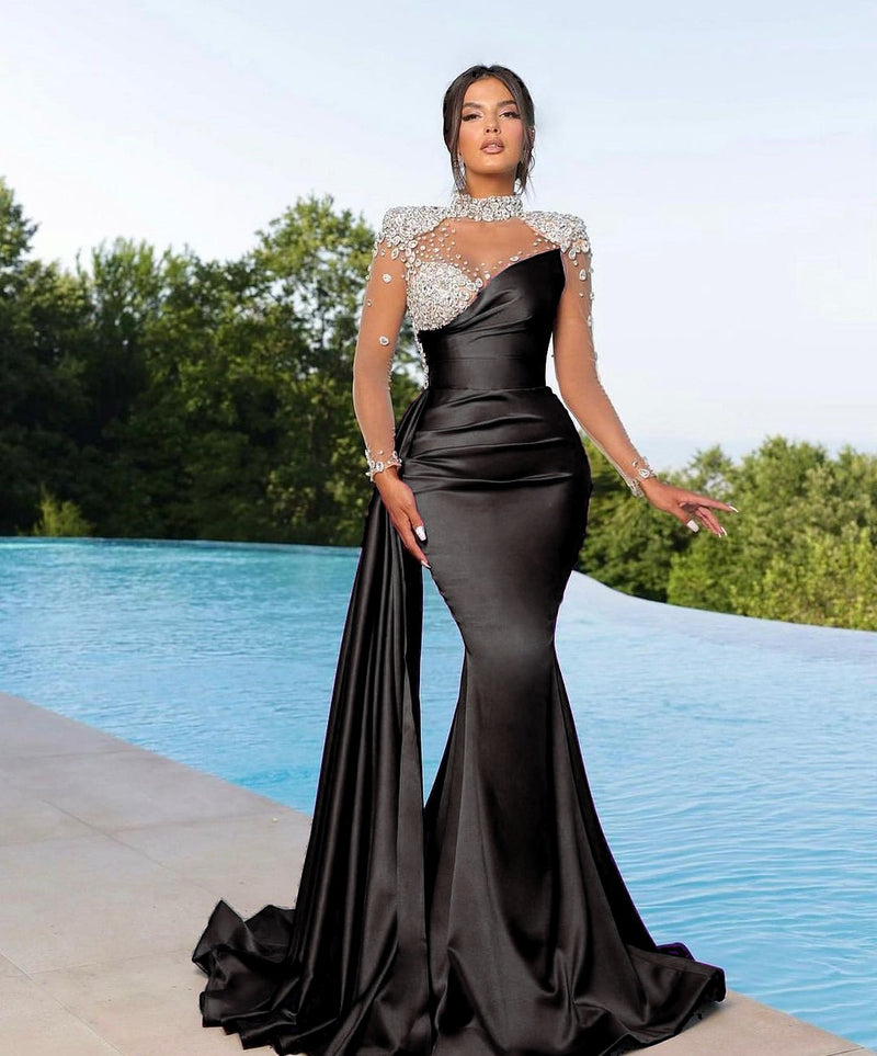 Black Long Sleeves High Neck Prom Dress Mermaid With Crystals-Ballbella