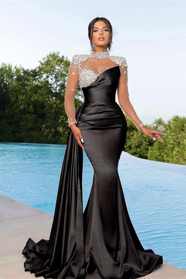 Black Long Sleeves High Neck Prom Dress Mermaid With Crystals-Ballbella