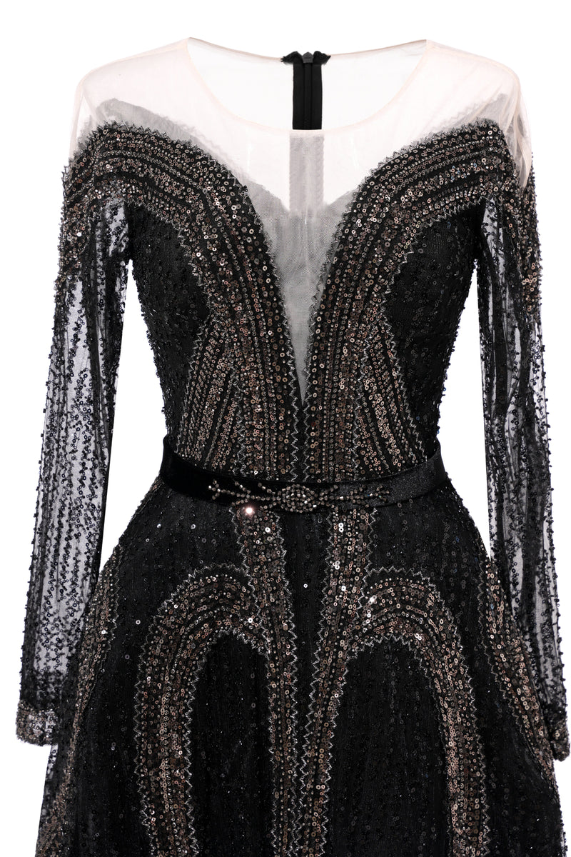 Black Long sleeves V-neck Luxury Sparkle Princess Evening Dresses-Ballbella